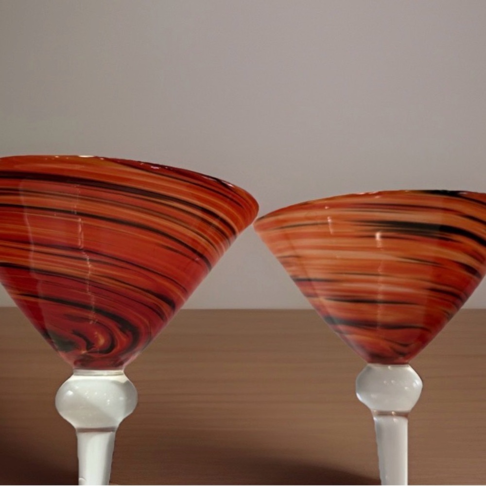 2 Pier 1 Hand Blown Red, Orange, Black Swirls Martini Margarita Glasses 7" Solid - Picture 6 of 6